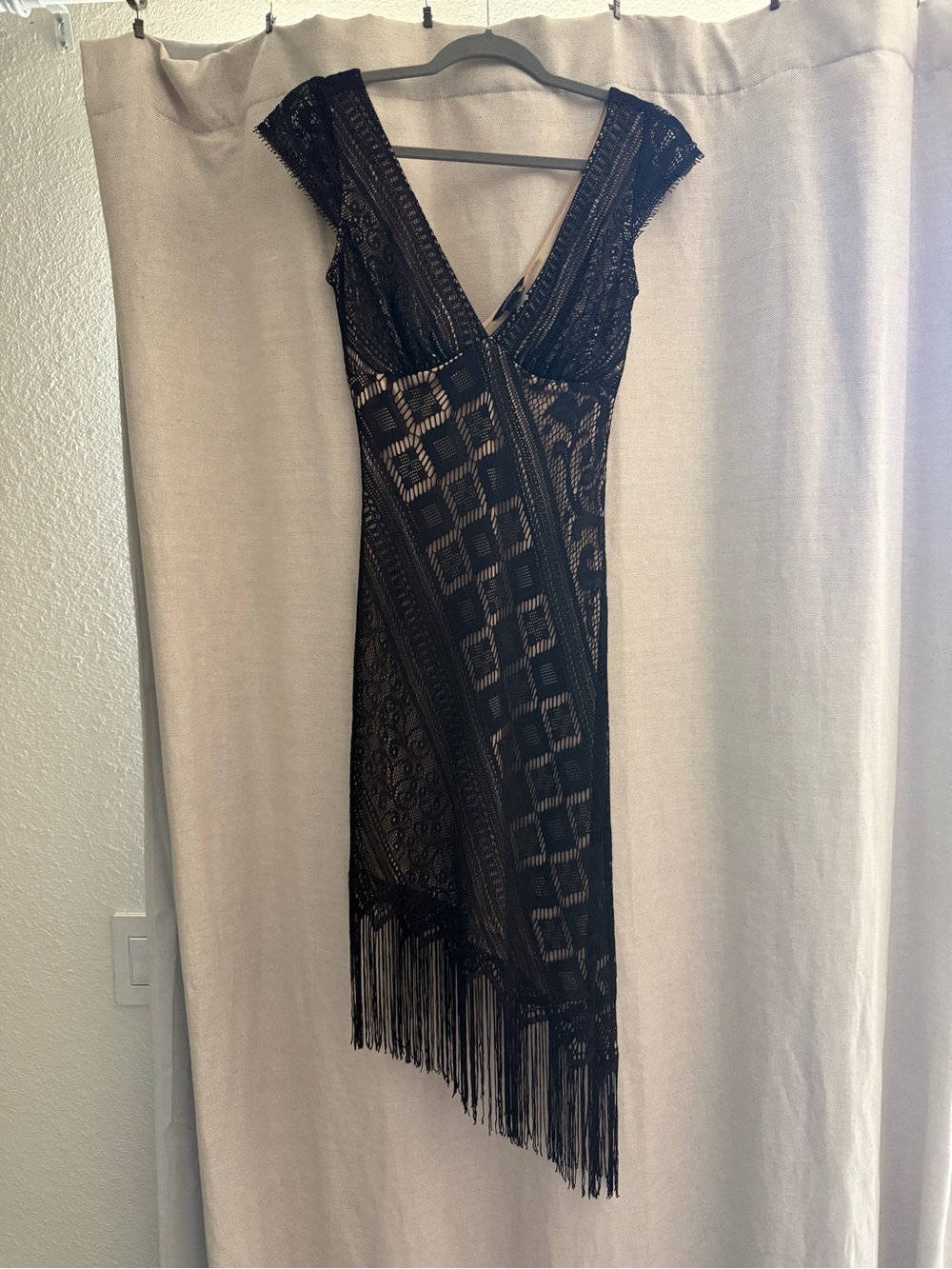 Moda International Black Lace Asymmetrical Fringe Dress
